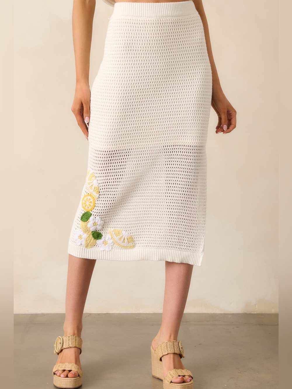 Skies Are Blue Sz XS White Crochet Midi Skirt with Yellow & Green Embroidery